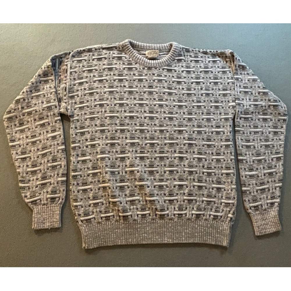 VTG St Johns Bay Crewneck Sweater Mens L Grey Basketweave Knit Cotton Blend 90s
